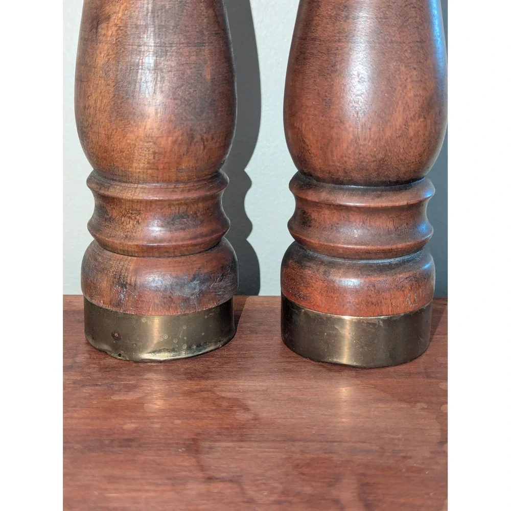Vintage Wood Salt and Pepper Mill Set Brass Accents Made in Japan Mid Century